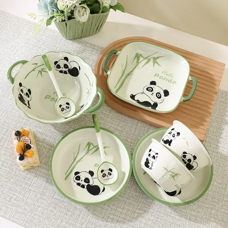 Panda Children\'s Ceramic Rice Bowl Cute Household Soup Bowl Baking Dish Creative Gift Tableware Plate Set