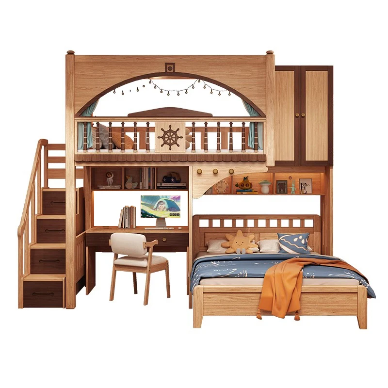 

Pure solid wood staggered bunk bed Small apartment double high and low Non-interference Tree house bed