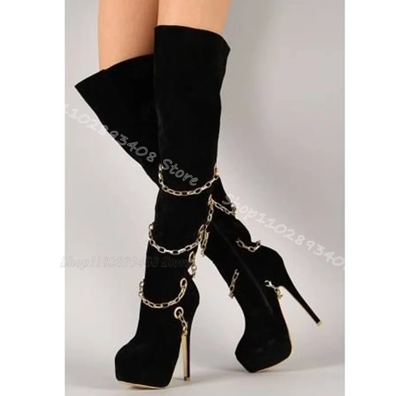 

Black Chain Ring Flock Boots Round Toe Stiletto Heels Side Zipper Spring Design for Women Party Dress Shoes Zapatos Para Mujere