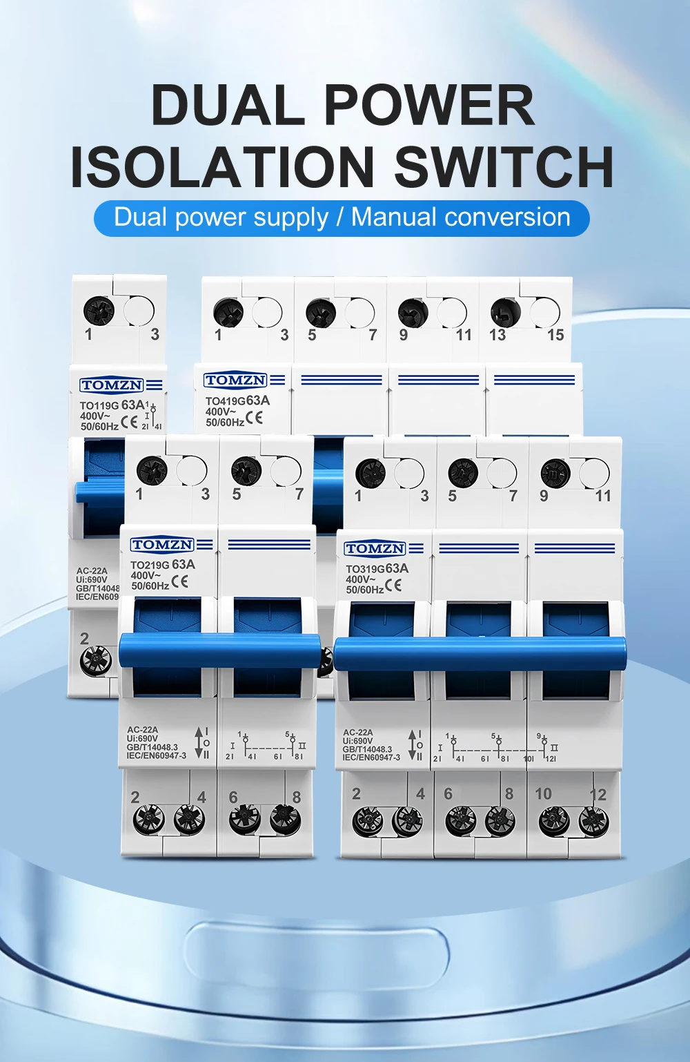 1P 2P 3P 4P 63A TOMZN MTS Dual Power Manueller Übertragungs-Trennschalter Interlock-Leistungsschalter – Detail 1