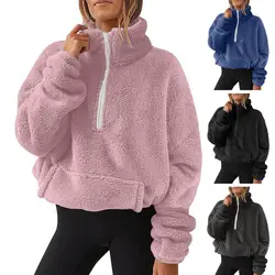 Korean Warm Fleece Fluffy Half Zip Hoodies Women Casual Fashion Thicked Sweatshirt Top 2023 Autumn Winter Clothing