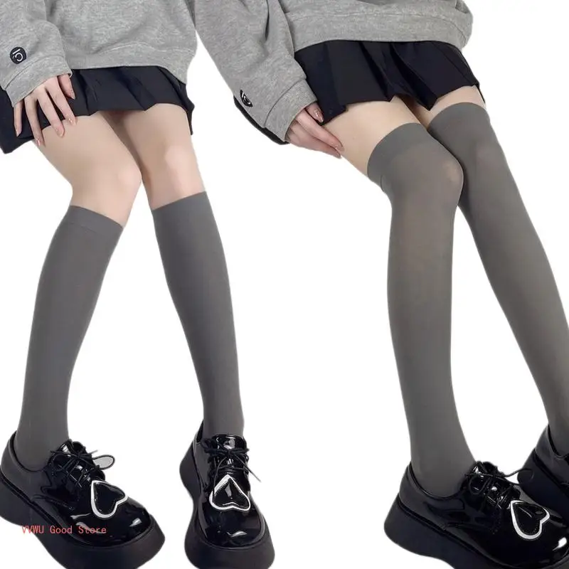 Preppy Women Calf Socks Solid Color Light Gray Over Knee Stockings