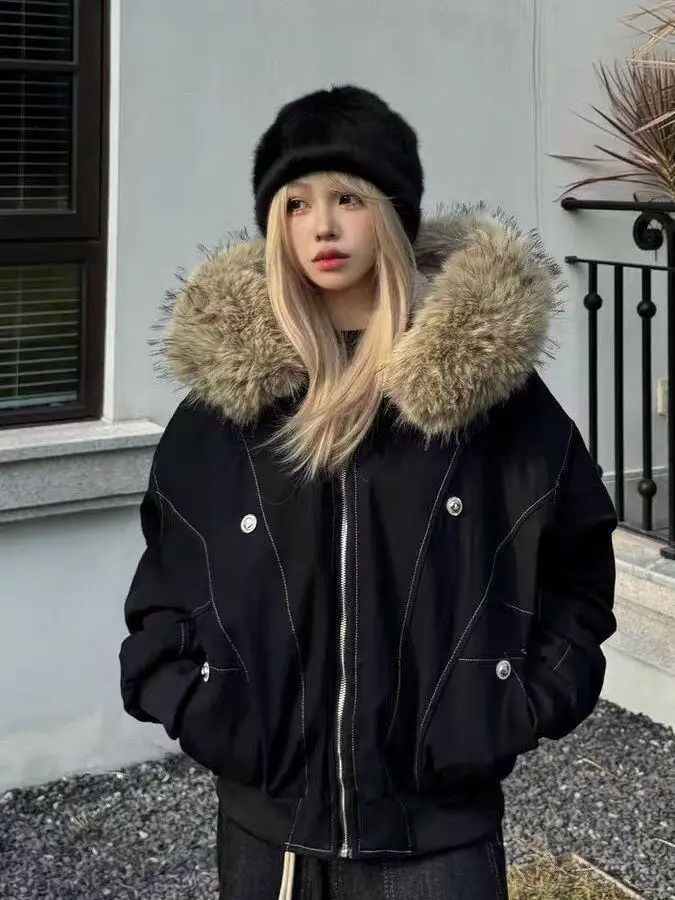 

Thiened Faux Rabbit Fur Jaet Women's Winter Coat with Hooded Velvet Collar Warm Design Cotton Clothes Commute Sle