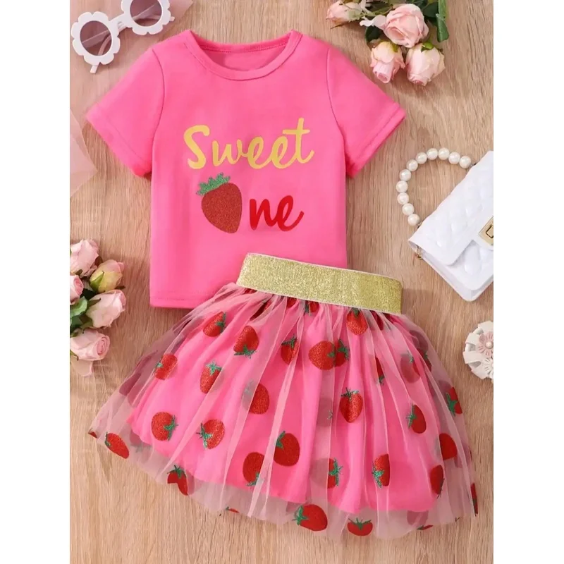 Summer Children's Clothing Set Strawberry Letter Print Short-Sleeved T-Shirt with Elastic Waist Mesh Skirt round Neck Top for Ki