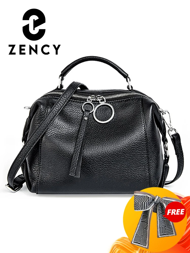 Zency Soft Genuine Leather Black Handbag Elegant Fashion Tassel Women Shoulder Bag Large Capacity Simple Crossbody Bag 2024