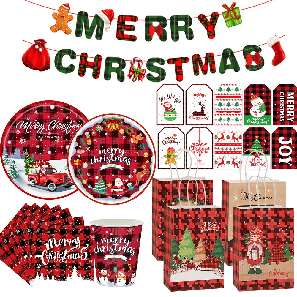 1set Christmas Plaid Tableware Carton Santa Claus Red White Paper Gifts Bags Merry Christmas Party Table Decorations Kids Gifts