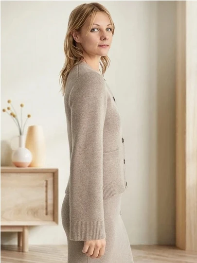 

Женский трикотажный кардиган из овечьей шерсти, Элегантный Теплый однобортный жакет с длинными рукавами и круглым вырезом для осени и зимы