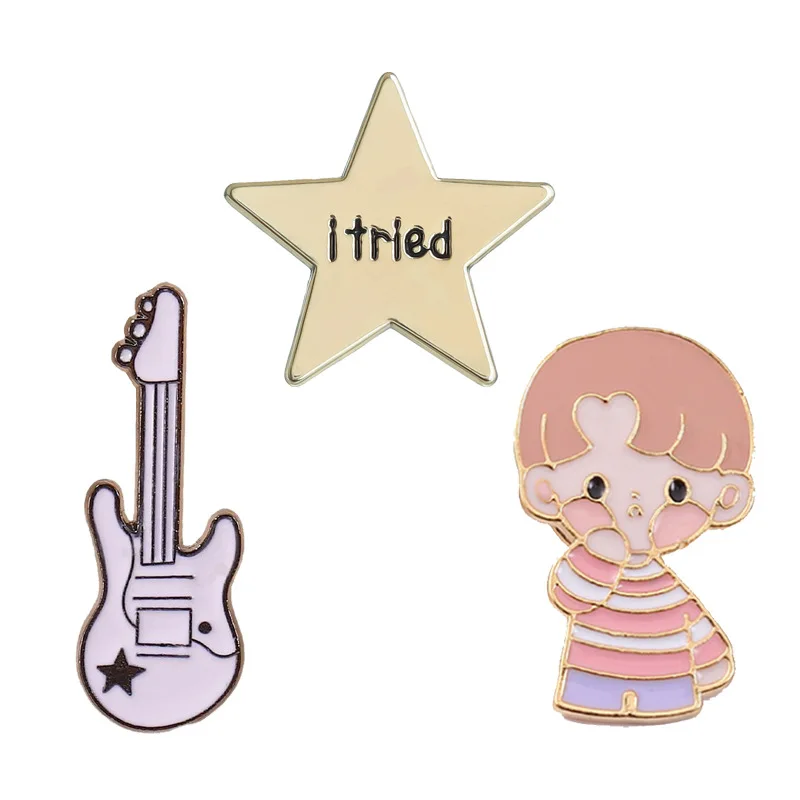 Cartoon Letter I Tried Five Pointed Star Pattern Brooch Kawaii Guitar Boy Metal Badge Trendy Versatile Clothes Bag Accessorie