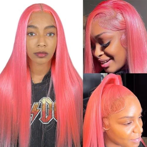 Peluca de cabello humano liso de 13x6 para mujer, postizo de encaje Frontal de 30 pulgadas, pelo virgen largo 100%, color rosa claro, 13x4, Cosplay