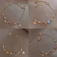 Girls Gold Color Zircon Star Moon Pearl Bracelet Simple Geometric Fashion Women Chain Bracelets Charming Elegant Jewelry Gift