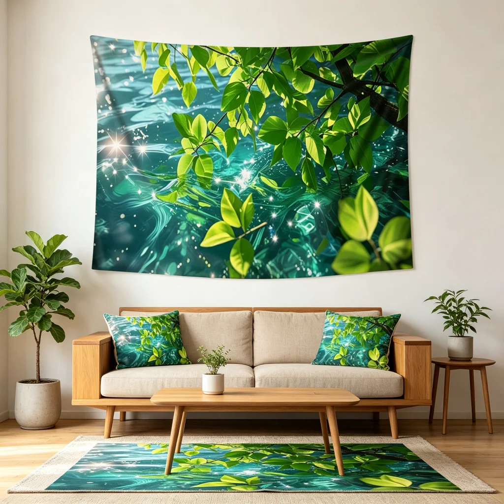 1PC Green Leaf Water View Art Print Backdrop Banner, Bedroom Living Room Photo Background, Polyester, Home Decor, Wall Art