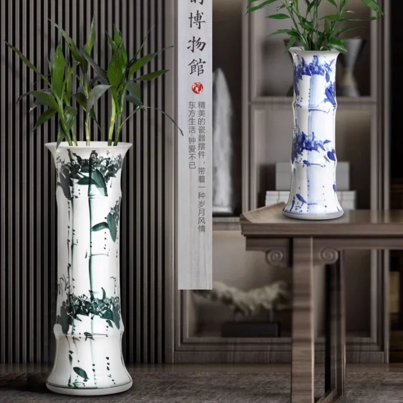 

Classical Blue White Porcelain Creative Bamboo Flower Vessels Hand-painted Ceramic Flower Vase Versatile Scene Craft Ornaments