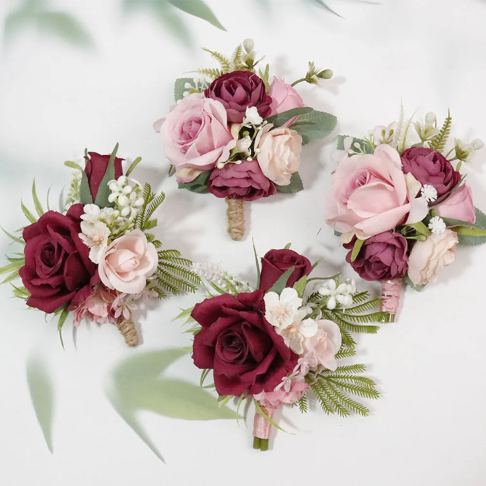 Boutonnière de mariage Rose rouge et Rose pour la mariée, Corsage Rose en soie, accessoires de mariage, ramillete boda novio fait à la main