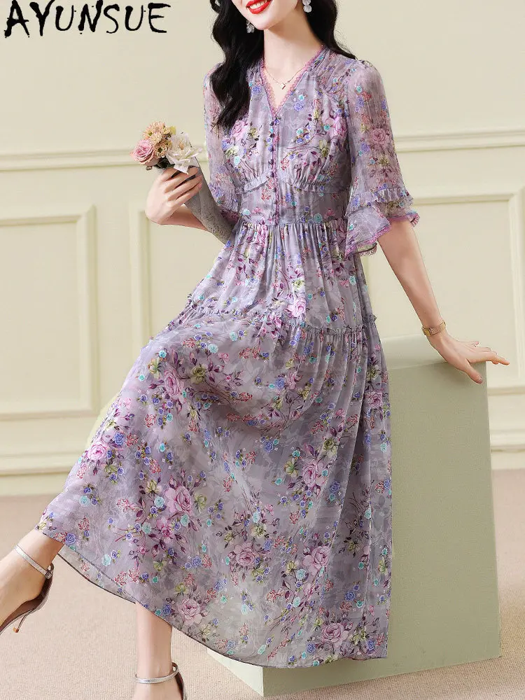 AYUNSUE 100% Real Mulberry Silk Dress Women Clothes Summer Long Dress Printed Elegant Womens Dresses Half-sleeve Платье Женское