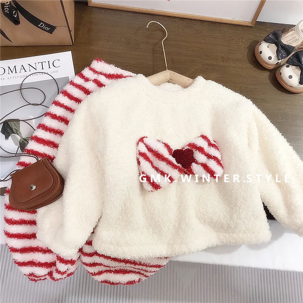 

Children Girls Two-piece Pajamas Clothes Set Cotton Bow Thicken Warm Kids Girls Sweatshirt Suit Loose Striped Elastic Waist Pant