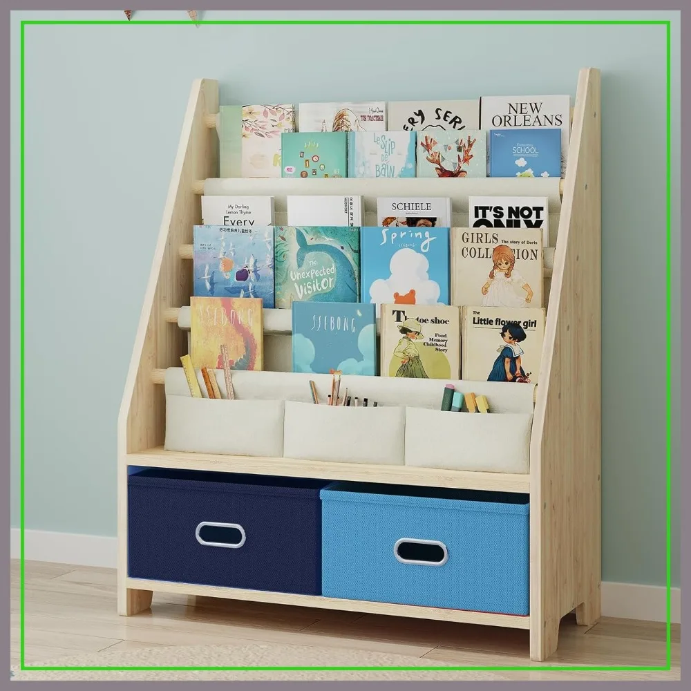 

4 Tier Kids Book Shelf with Toy Storage, Wooden Bookshelf for Toddler Room, Blue