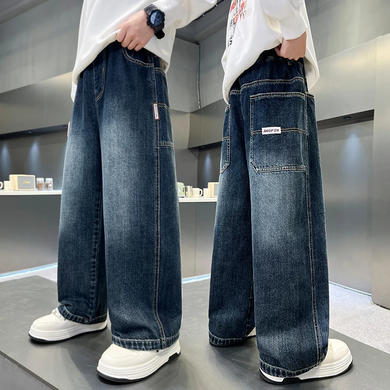 

Детские джинсовые брюки прямого кроя классического дизайна для мальчиков-подростков, модные весенне-осенние джинсовые брюки для детей 5, 7, 8, 9, 10, 11 12 14 лет