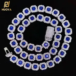 12MM Silver Plated Iced Out Blue CZ Jumbo Square Sparkling Cluster Cubic Zirconia Tennis Link Chains for Men