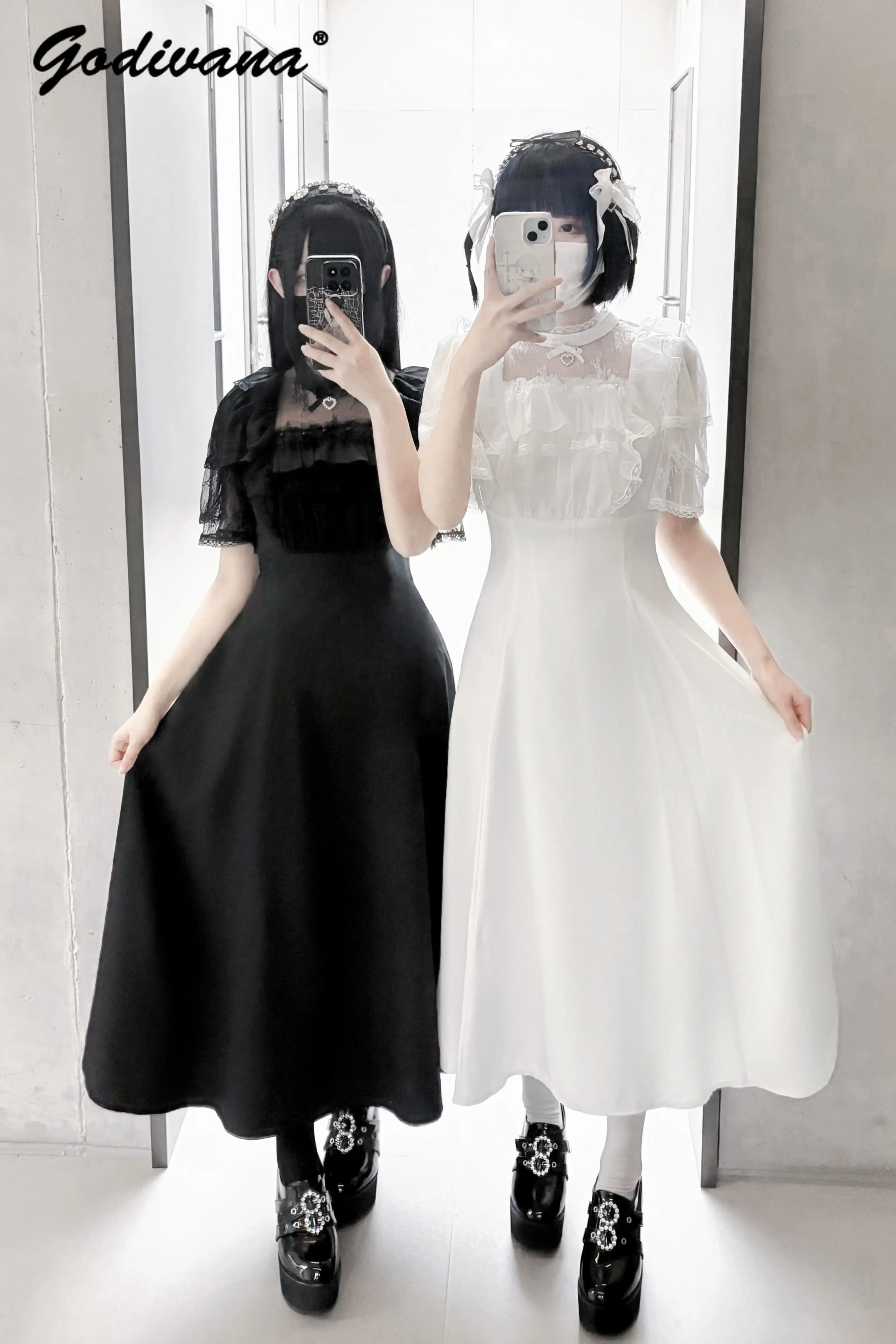 

Original Japanese Mine Mass-produced Lace Short Sleeve Elegant Dress Girl Women's Sweet Black and White Long Dresses