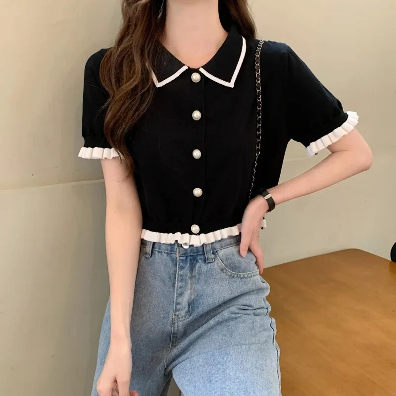 Women Shirt Knitted Short Sleeve Cute Frilled Pearl Button Collared Blouse Shirt Female Summer Crop Tops French Chic Outfit - view 5