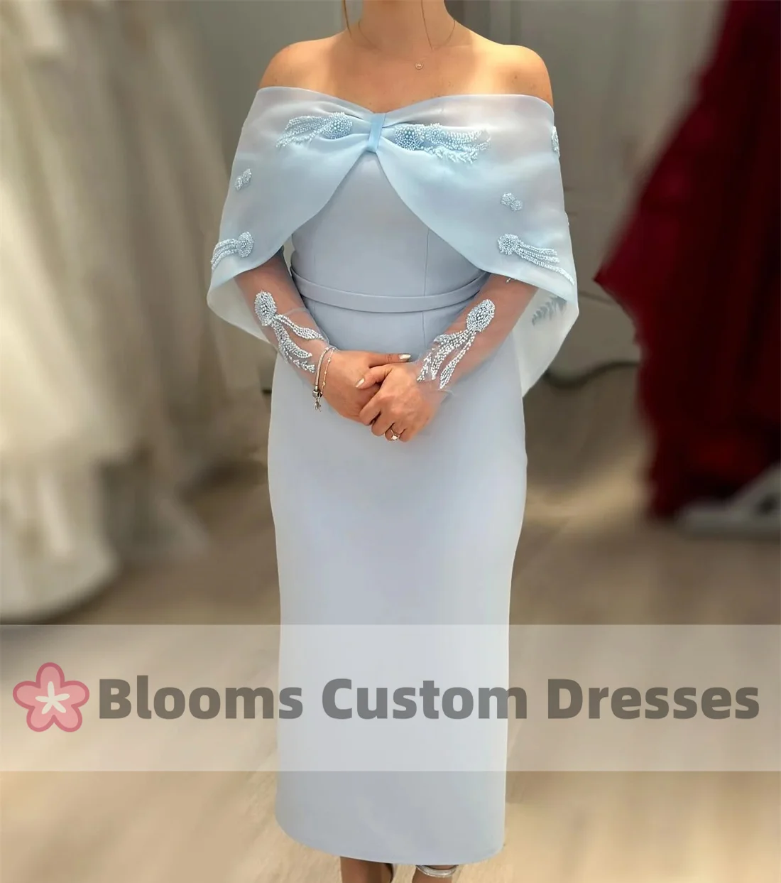 Customized Off Shoulder Crepe Elegant Prom Dresses 2024 Long Sleeves With Beads Flower Robes De Formal Occasion Evening Party