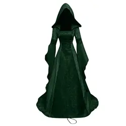 Medieval Retro Style Wedding Dress Hooded Waist Dress Cosplay Halloween Women's Hooded Robe Role Playing Costume HQ001