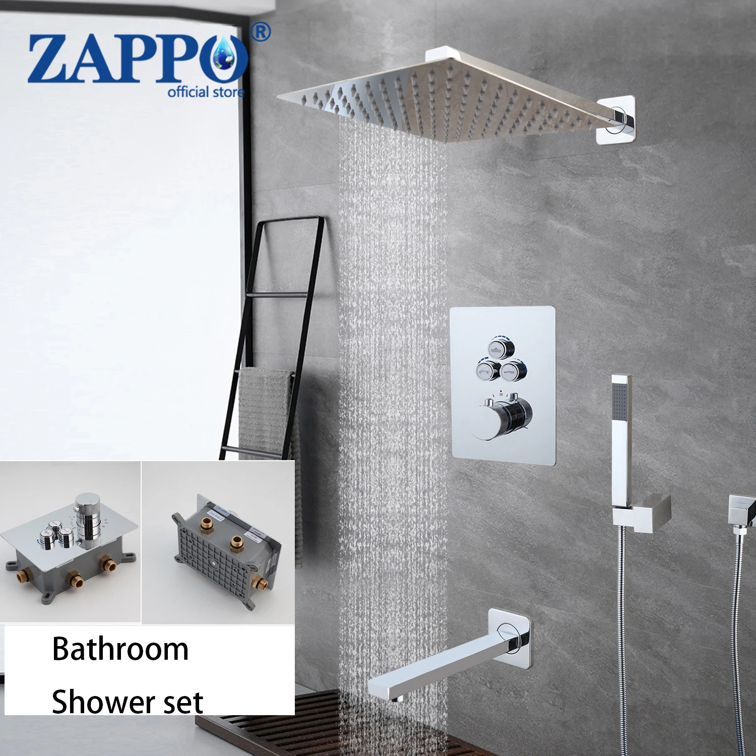 ZAPPO Luxury Chrome Thermostatic Bathroom Shower Faucet Rainfall Shower Head Wall Mounted Bathtub Mixer Tap Bath Shower Set