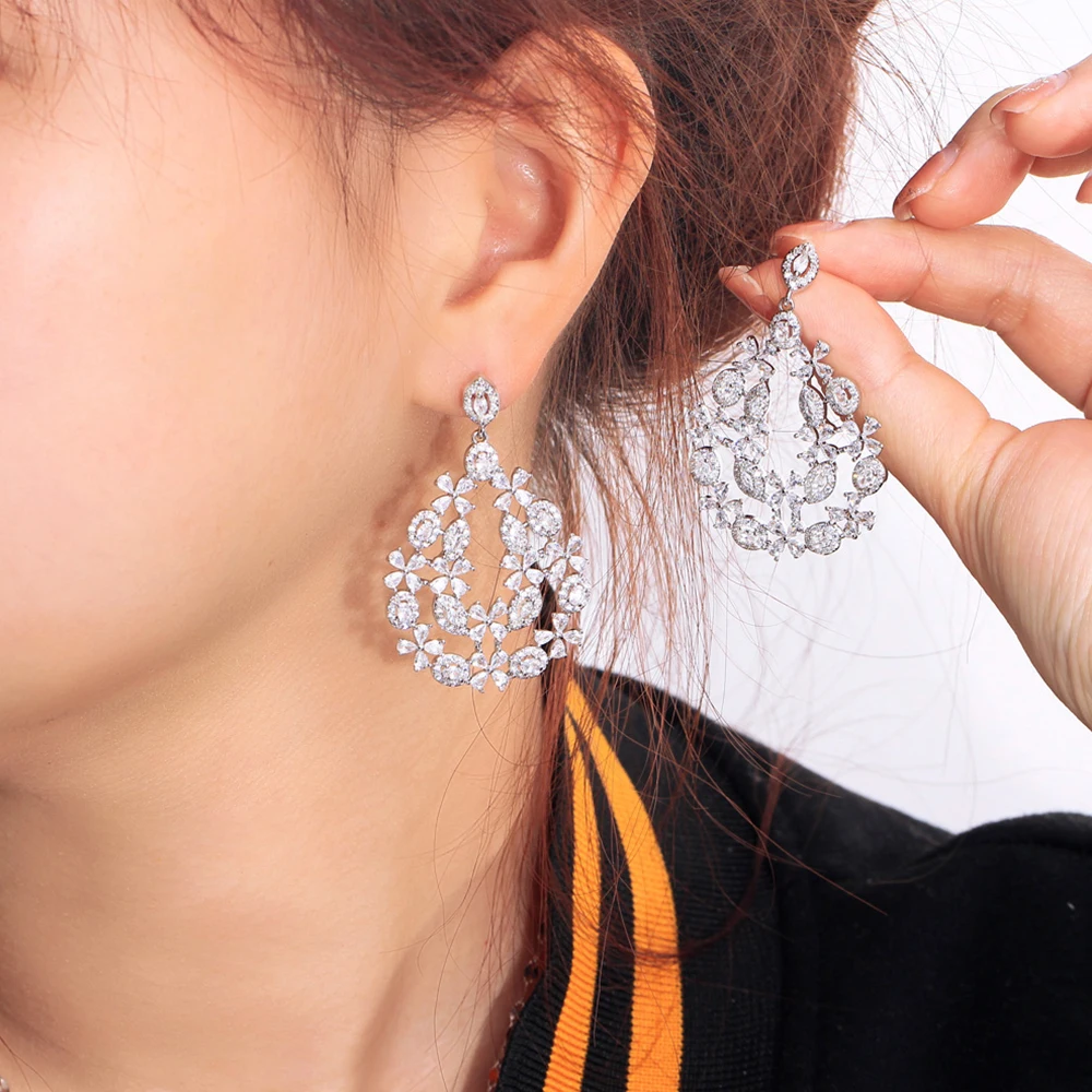 BeaQueen Brilliant Genuine Cubic Zirconia Bridal Wedding Jewellery Long Water Drop Earrings for Women Banquet Party Gifts E0950
