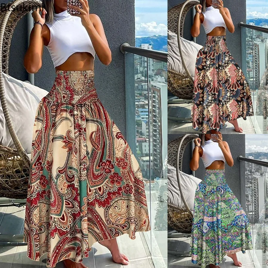 

New 2024 Women's Summer Print Beach Skirts Elastic High Waist A-line Big Swing Long Dress Female Vacation Beach Party Skirt Robe