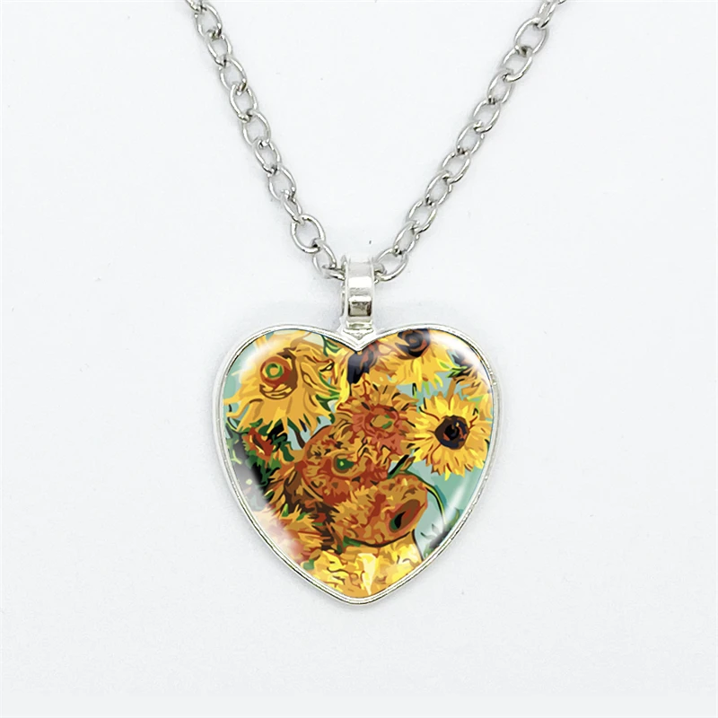 Fashion Van Gogh Art Starry Night Sunflower Necklace Glass Cabochon Painting Heart Pendant Printed Photo Necklaces