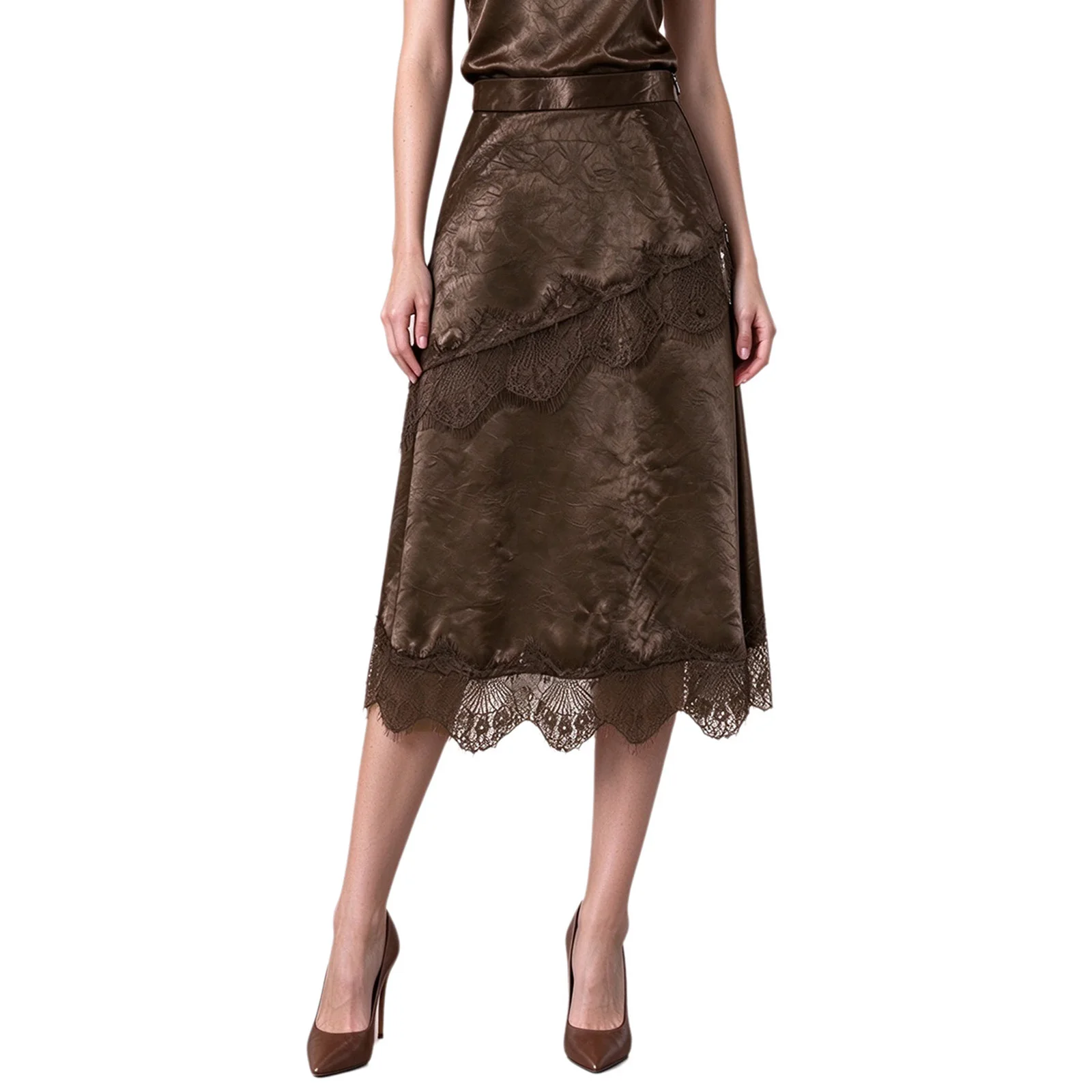 Women Lace Trim Satin Skirts Side Invisible Zipper Back Split Skirts for Party Office Work Casual Daily Life Cocktail