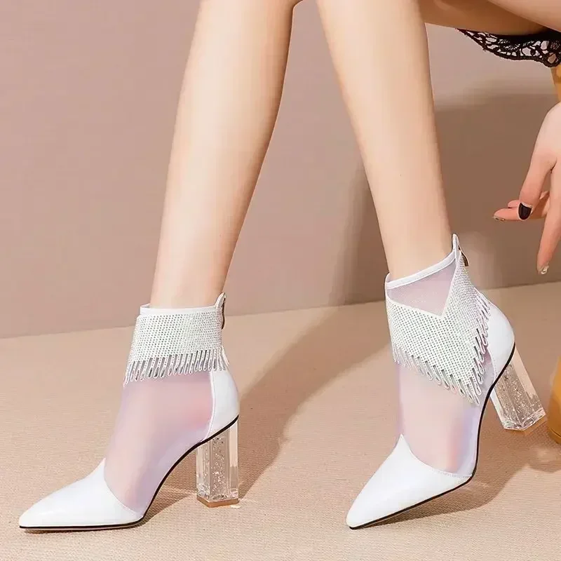 Women 2025 Summer Rubber Soled Dance Boots Pointy Rhine-diamond Tassel High Heel Mesh Latin Jazz Modern Dance Shoes Stage Show