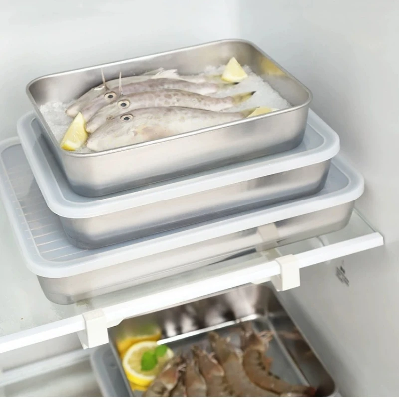 Food Storage Trays Rectangle Preservation Box with Plastic Cover Stainless Steel Multi-Function Rustproof Barbecue Food Storager