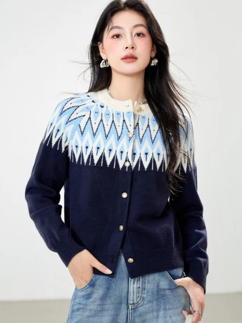 

Vintage Jacquard Knitted Cardigan Women's 2025 New Autumn Winter Korean Fashion New Round Neck Long Sleeve Sweater Mujer Jumpers