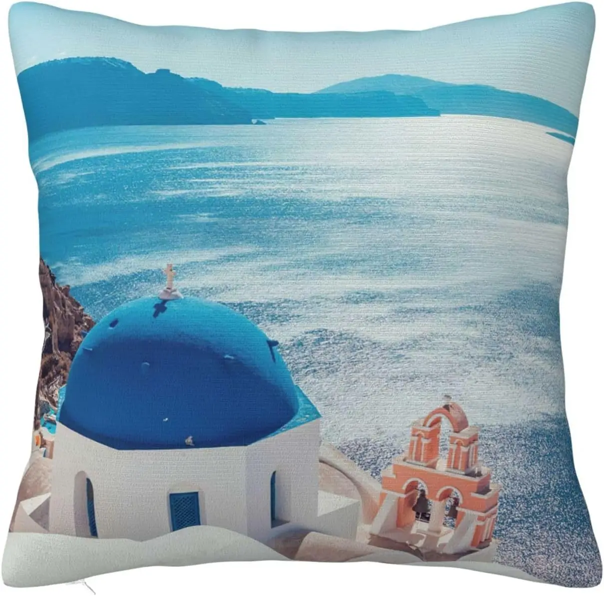 Santorini Blue Dome Pillowcase, Greek Island Seascape Cushion Cover, Mediterranean Home Decor, Coastal Scenery Living Room Sofa