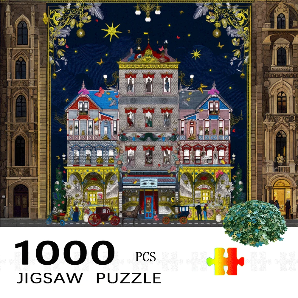 

1000 шт. Пазл для взрослых и семьи - Зачарованный ночной городской пейзаж с праздничными украшениями, яркие цвета, домашний декор