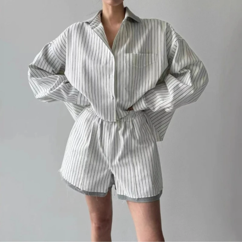 

2 Pieces Set Striped Shorts Shirt Suits Long Sleeve Shirt Polo Lapel Single Breasted Pockets Tops Spliced Shorts Pants Korean