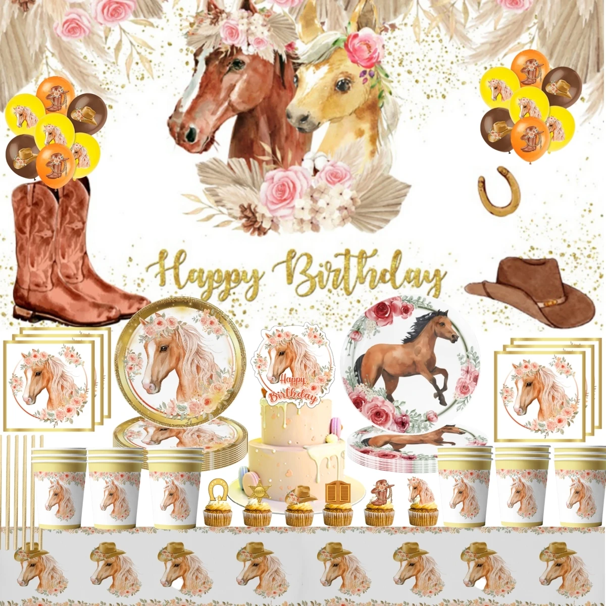 Flower Horse Birthday Party Decorations Pony Disposable Tableware Plate Balloon Tablecloth Baby Shower Kids Favor Party Supplies