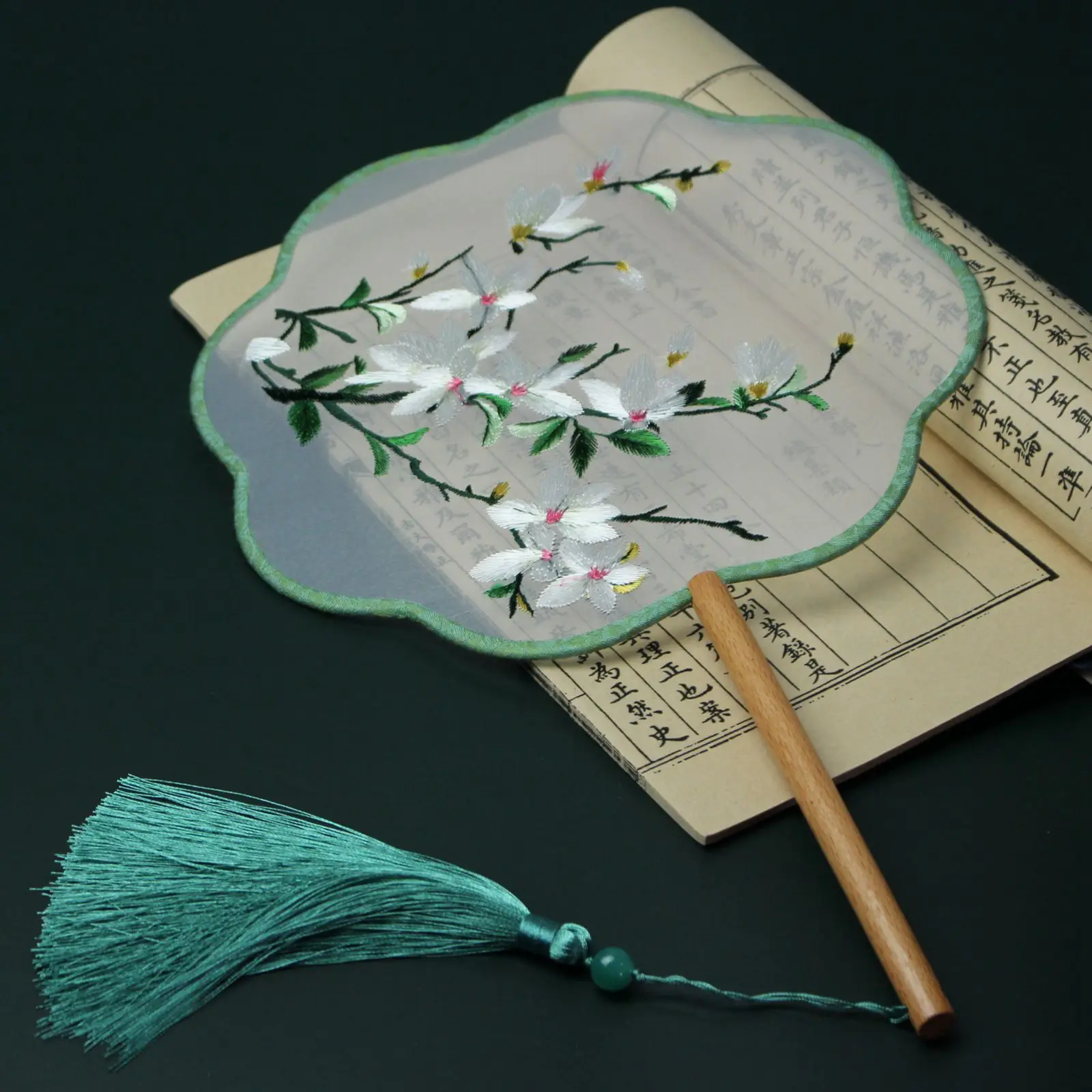 

10pcs Chinese Fan Translucent Long Handle Tassel Dance Fan Women'S Dress Hanfu Cheongsam Embroidered Small Round Fan Embroidered