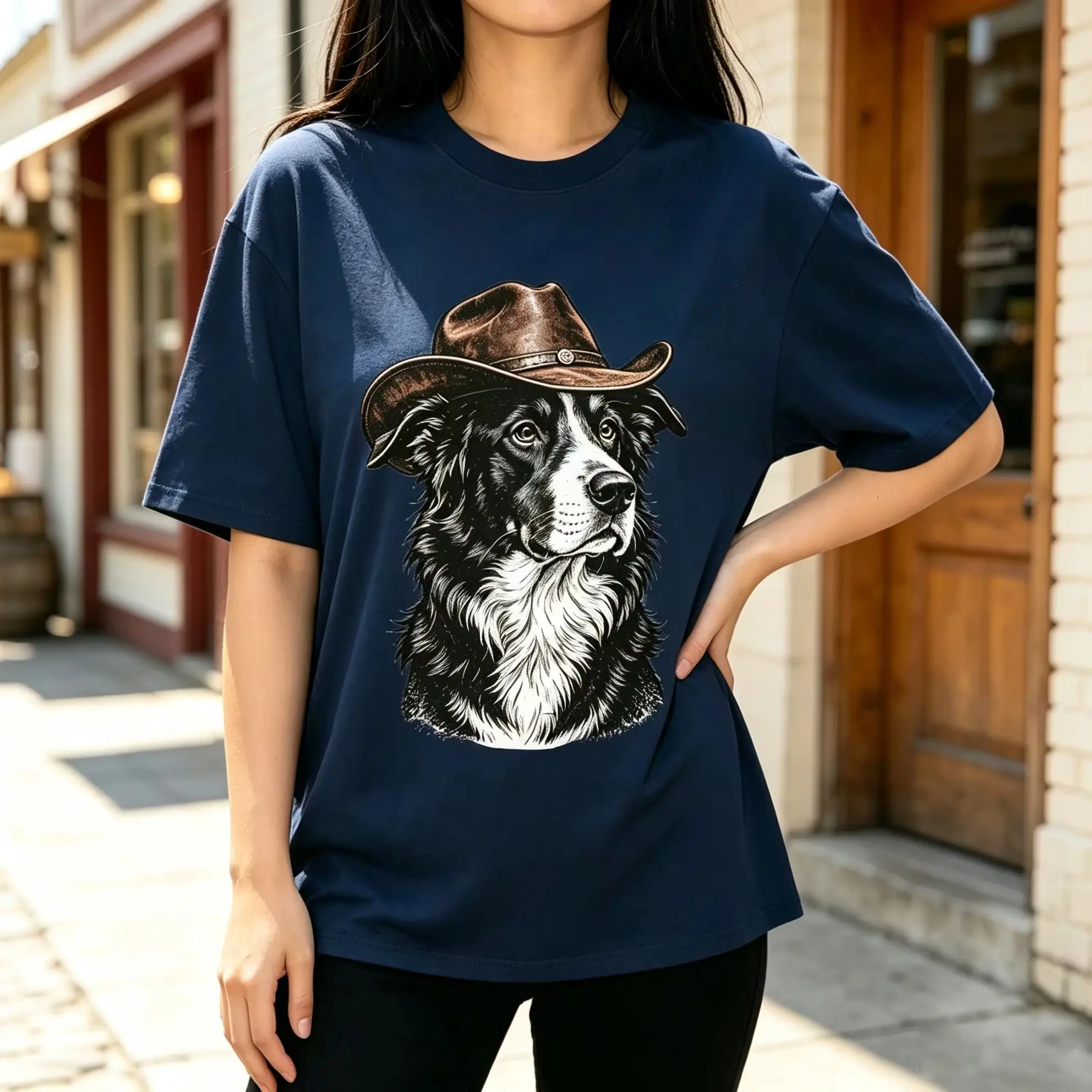 Women's Graphic T Shirt Cowboy Border Collie Dog Print Short Sleeve Tees Vintage Western Animal Portrait Casual Tshirt