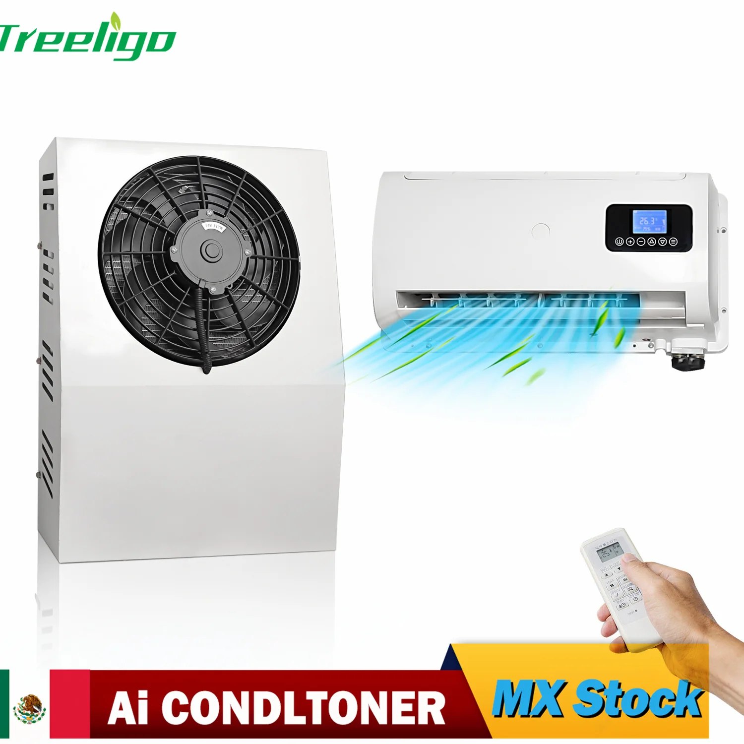 Treeligo 12V/24V Truck Split Air Conditioner Electric Parking Cooler AC Unit for Tractor Cab Truck Camper Van Caravan Motor home