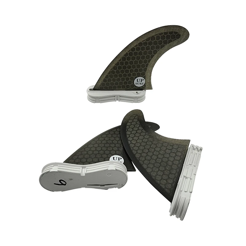 Double Tabs 2 Tri fin set S/M/L fins Double Tabs 2 surfboard fins grey color with white upsurf logo in Fibreglass fin