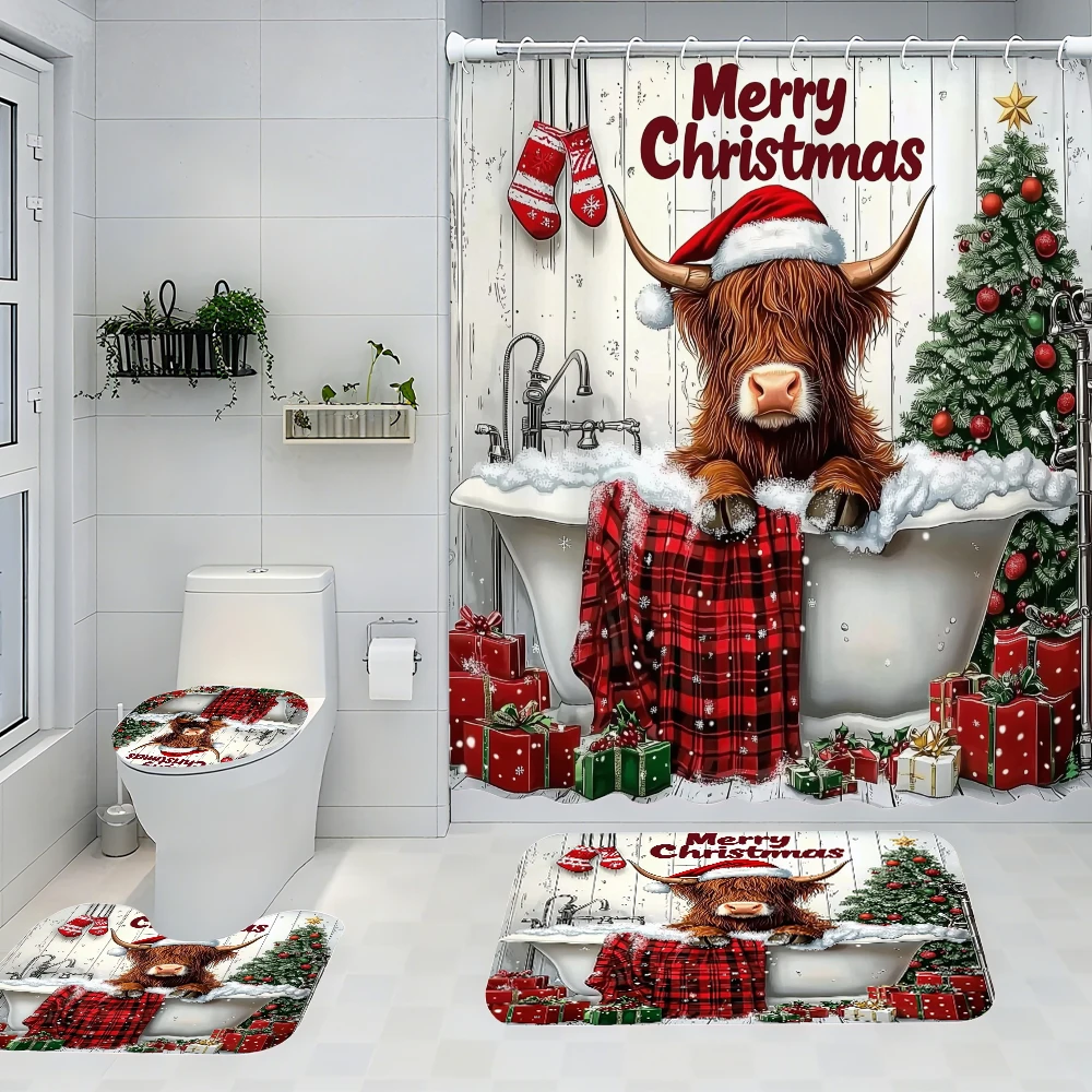

Christmas Bull Bathroom Four-piece Set - Avant-garde Waterproof Shower Curtain, creating a complete bathroom suite