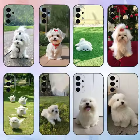China Line Puppy Maltese Dog Phone Case For Samsung S25,S24,S21,S22,S23,S30,Ultra,S20,Plus,Fe,Lite,Note,10,9,5G Black Cover
