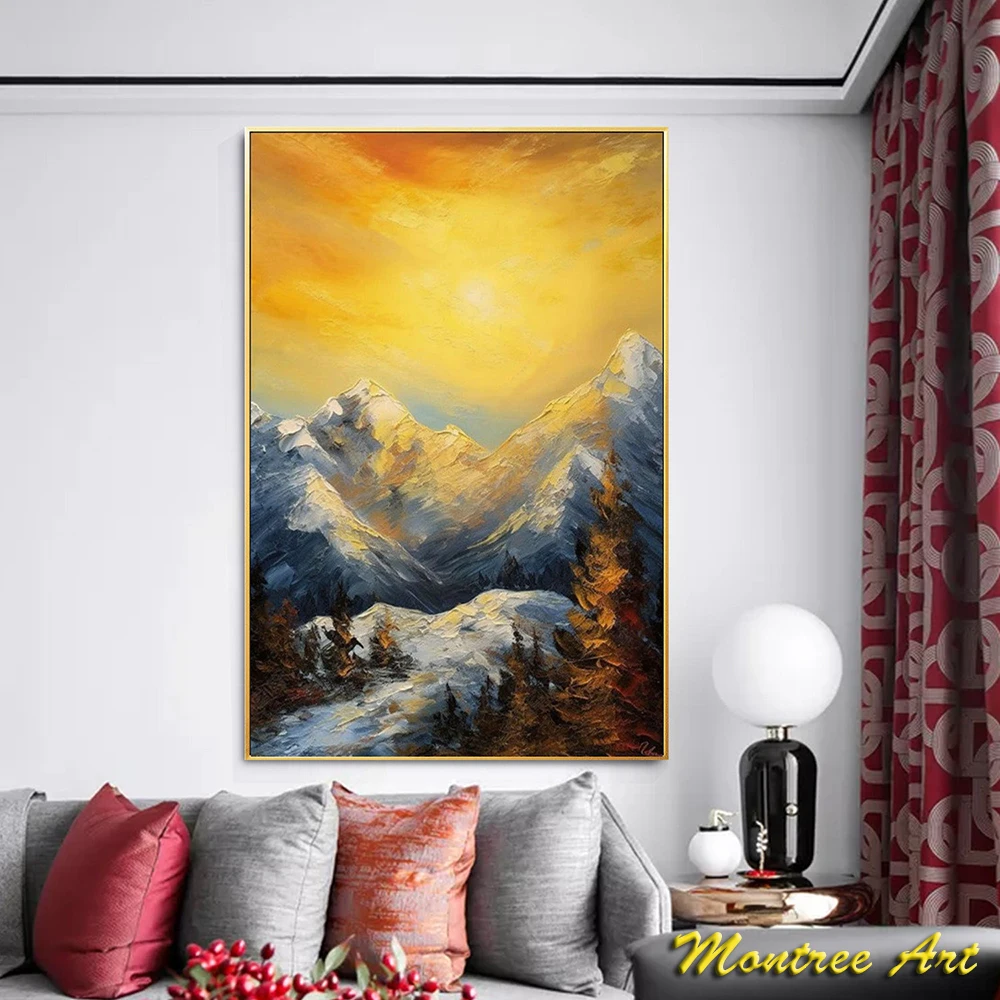 Hand Painted Oil Painting Gold Sunset Painting Heavy Textured Snown Mountain Painting Abstract Painting Yellow Sunrise Pictures