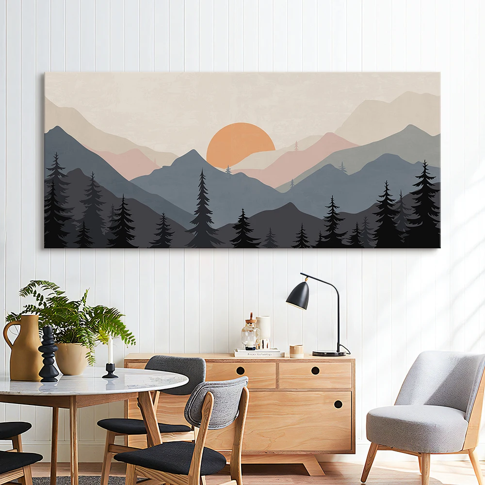Modern Abstract Boho Sun Canvas 3pc Framed Art Landscape Painting Minimalist Wall Pictures Posters Prints Living Room Home Decor
