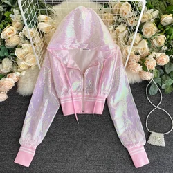 2024 Spring Women Fashion Sequins Slim Short Cardigan Jacket Summer Hooded Long Sleeve Female Cropped Outwear Silver Pink Black