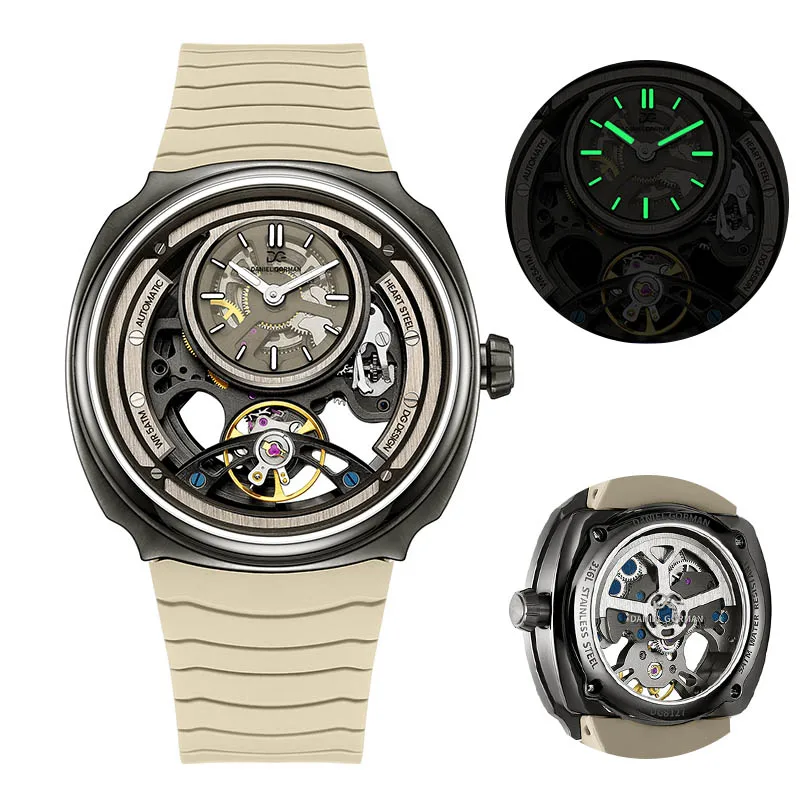 Daniel Gorman Herren Automatik Mechanische Uhr 5ATM Wasserdicht mit Skelett-Zifferblatt, Sportuhr mit Silikonarmband