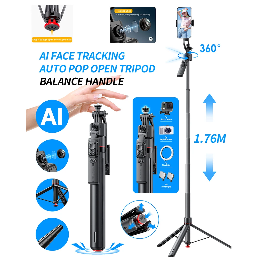 AI Gimbal Tripod Jumping Selfie Stick 360° Auto Follow-Up Face Auto Pop Up Tracking Gimbal All-in-one Holder For Smartphone