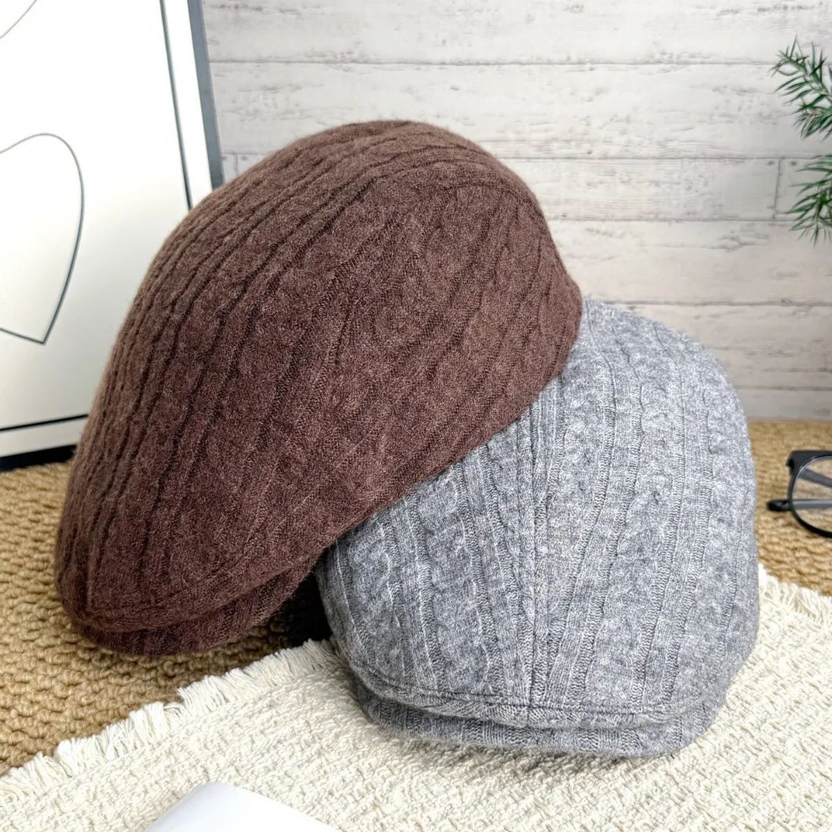 Cable Knit Flat Cap Men Grey Jacquard Texture Vintage Ivy Hat Adjustable Back Buckle Autumn Winter Warm Casual Daily Headwear